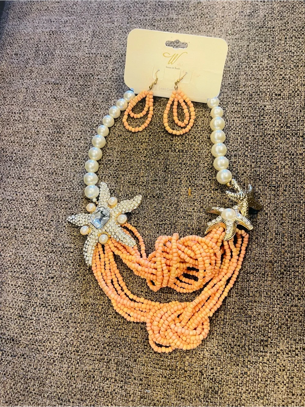 Statement Peach Beaded Necklace & Earring Set with Pearl Accents